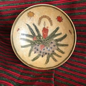 Brass and decorative porcelain bowl. Shallow brass stemmed bowl floral design 7"